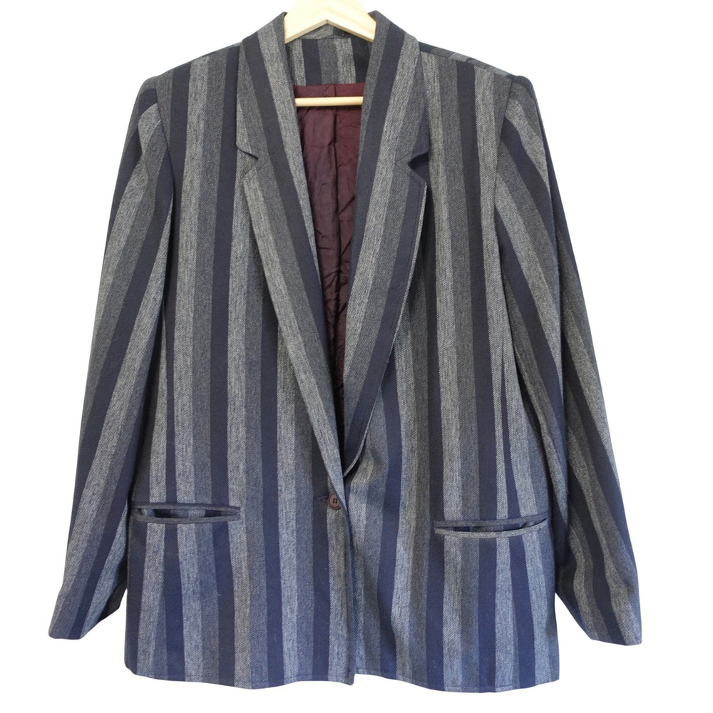 Vintage 90s Striped Blazer Jacket Womens 14 Navy Blue Gray Denim Business Casual